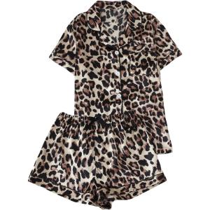 imageMilumia Womens Causal Leopard Print PJ Set Notch Collar Sleepwear Two Piecess Pajama SetsYellow Brown