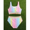 imageMilumia Girl 2 Piece Striped Bikini Swimsuit Contrast Mesh Scoop Neck Bathing SuitPink Blue