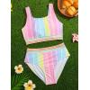 imageMilumia Girl 2 Piece Striped Bikini Swimsuit Contrast Mesh Scoop Neck Bathing SuitPink Blue
