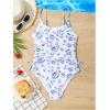 imageMilumia Girls Floral One Piece Swimwear Bow Tie Side Spaghetti Strap SwimsuitsBlue and White