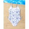 imageMilumia Girls Floral One Piece Swimwear Bow Tie Side Spaghetti Strap SwimsuitsBlue and White