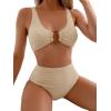 imageMilumia Womens 2 Piece High Waisted Bikini Sets Ring Linked V Neck Tummy Control SwimsuitsBeige