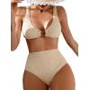 imageMilumia Womens 2 Piece High Waisted Bikini Sets Ring Linked V Neck Tummy Control SwimsuitsBeige