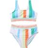 imageMilumia Girl 2 Piece Striped Bikini Swimsuit Contrast Mesh Scoop Neck Bathing SuitGreen and White