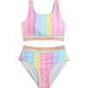imageMilumia Girl 2 Piece Striped Bikini Swimsuit Contrast Mesh Scoop Neck Bathing SuitPink Blue