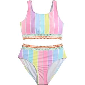 imageMilumia Girl 2 Piece Striped Bikini Swimsuit Contrast Mesh Scoop Neck Bathing SuitPink Blue
