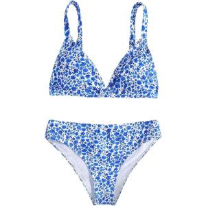 imageMilumia Girls 2 Piece Bikini Set Ditsy Floral V Neck Spaghetti Strap SwimsuitMulti Floral Blue
