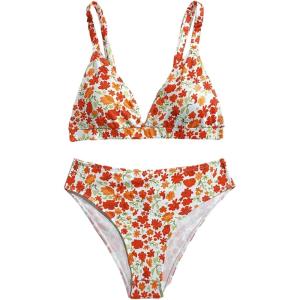 imageMilumia Girls 2 Piece Bikini Set Ditsy Floral V Neck Spaghetti Strap SwimsuitOrange