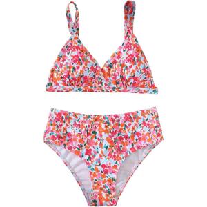 imageMilumia Girls 2 Piece Bikini Set Ditsy Floral V Neck Spaghetti Strap SwimsuitRed
