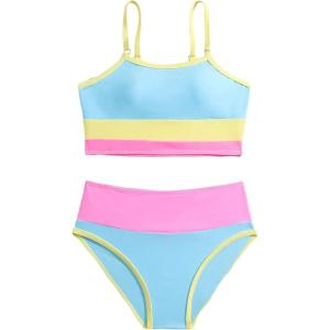 imageMilumia Girls 2 Piece Color Block Swimsuits Spaghetti Strap High Waist Bikini SetsMulticolor