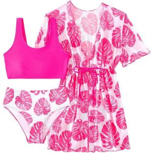 imageMilumia Girls 3 Pieces Swimsuits Tropical Print Scoop Neck Bathing Suits with Kimono Cover Ups Hot Pink 9Y