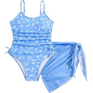 imageMilumia Girls Ditsy Floral One Piece Swimsuit Ruched Spaghetti Strap Bathing Suit with Coverup SkirtBlue