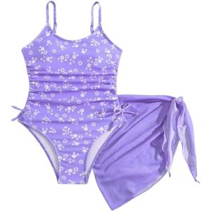 imageMilumia Girls Ditsy Floral One Piece Swimsuit Ruched Spaghetti Strap Bathing Suit with Coverup SkirtPurple
