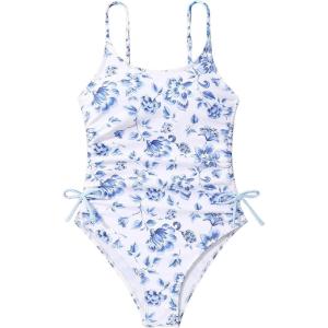 imageMilumia Girls Floral One Piece Swimwear Bow Tie Side Spaghetti Strap SwimsuitsBlue and White