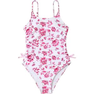 imageMilumia Girls Floral One Piece Swimwear Bow Tie Side Spaghetti Strap SwimsuitsPink