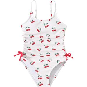 imageMilumia Girls Floral One Piece Swimwear Bow Tie Side Spaghetti Strap SwimsuitsRed and White