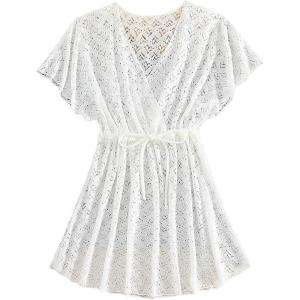 imageMilumia Girls Hollow Out Tie Front Cover Up Dress V Neck Short Sleeve Bikini Coverups Beachwear White 10 Years