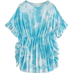 imageMilumia Girls Tie Dye Mesh Sheer Ruffle Coverups Beach Swimsuit Cover UpRuffle Trim Blue