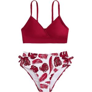imageMilumia Girls Two Piece Swimsuit Bowknot Tropical V Neck Bikini SetRed and White