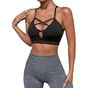 imageMilumia Women Criss Cross Low Cut Sports Bra Contrast Fishnet Padded Workout BrasBlack