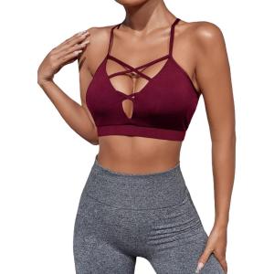 imageMilumia Women Criss Cross Low Cut Sports Bra Contrast Fishnet Padded Workout BrasRed