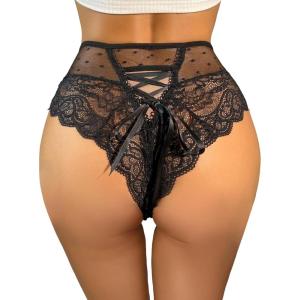 imageMilumia Women Lace up High Waist Mesh Lace Sexy Panties UnderwearBlack