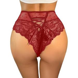 imageMilumia Women Lace up High Waist Mesh Lace Sexy Panties UnderwearRed