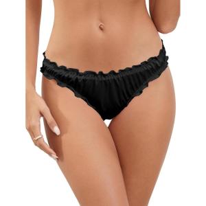 imageMilumia Women Lettuce Trim Sexy Satin Panty V Cut Frill Trim Ruched Cheeky Underwear Low Waist Bikini BriefsBlack