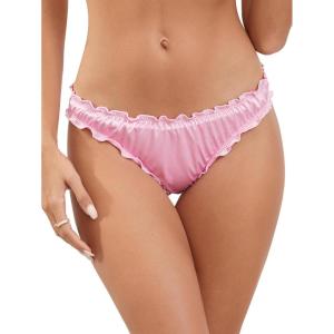 imageMilumia Women Lettuce Trim Sexy Satin Panty V Cut Frill Trim Ruched Cheeky Underwear Low Waist Bikini BriefsPink