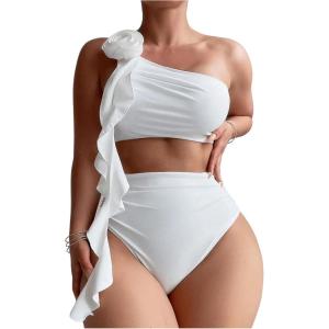 imageMilumia Womens 2 Piece Bathing Suit 3D Flower Ruffle Trim High Waisted SwimwearWhite