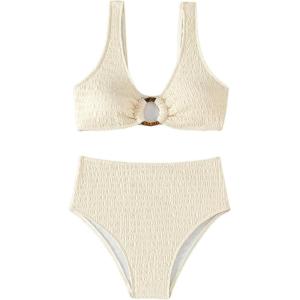 imageMilumia Womens 2 Piece High Waisted Bikini Sets Ring Linked V Neck Tummy Control SwimsuitsBeige