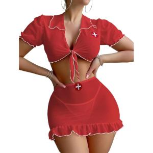 imageMilumia Womens 3 Piece Nurse Lingerie Set Sexy See Through Costume Outfit With ThongLight Red