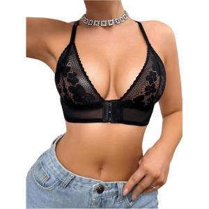 imageMilumia Womens Lace Front Closure Bras Racerback Wireless BralettesBlack