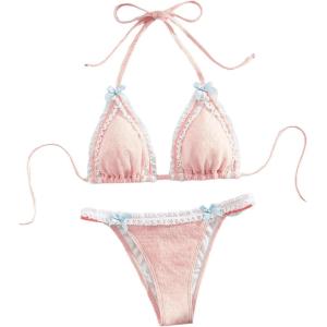 imageMilumia Womens Lace Trim Bow Tie Bikini Set Triangle Halter Cheeky 2 Piece SwimsuitPink