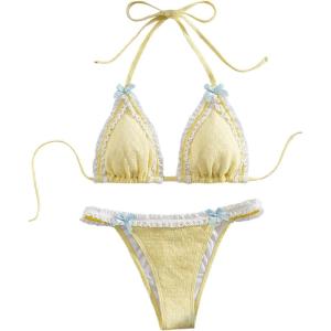 imageMilumia Womens Lace Trim Bow Tie Bikini Set Triangle Halter Cheeky 2 Piece SwimsuitYellow