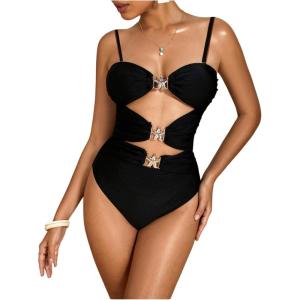 imageMilumia Womens Metal Starfish Cut Out Strapless Bathing Suit Ruched Bandeau Tube Top One Piece SwimsuitsBlack With Straps