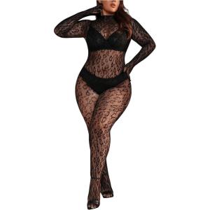 imageMilumia Womens Plus Size Fishnet Bodystocking Lingerie Sheer Body Stockings NightwearBlack Leoppard