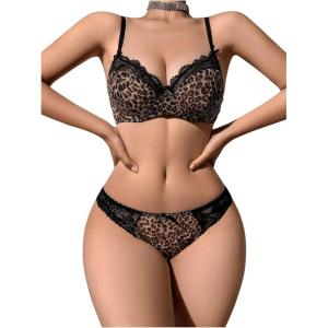 imageMilumia Womens Sexy Leopard Underwire Push Up Bra and Panty Sets Cheetah Print 2 Piece Lingerie SetBrown and Black