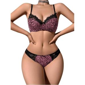 imageMilumia Womens Sexy Leopard Underwire Push Up Bra and Panty Sets Cheetah Print 2 Piece Lingerie SetPink