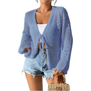 imageMilumia Womens Tie Front Hollow Out Crochet Light Weight Long Sleeve CardigansBlue