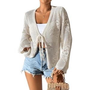 imageMilumia Womens Tie Front Hollow Out Crochet Light Weight Long Sleeve CardigansDark Beige
