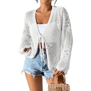 imageMilumia Womens Tie Front Hollow Out Crochet Light Weight Long Sleeve CardigansWhite