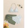 imageMilumia Girls 3 Piece Bikni Set Ditsy Floral Halter Swimsuit with Cover Up SkirtsArmy Green