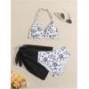 imageMilumia Girls 3 Piece Bikni Set Ditsy Floral Halter Swimsuit with Cover Up SkirtsBlack and White