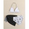 imageMilumia Girls 3 Piece Bikni Set Ditsy Floral Halter Swimsuit with Cover Up SkirtsBlack and White