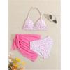 imageMilumia Girls 3 Piece Bikni Set Ditsy Floral Halter Swimsuit with Cover Up SkirtsHot Pink
