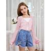 imageMilumia Girls Tie Front Crochet Cardigan Hollow Out Long Sleeve Knit Crop Cover Up TopPink
