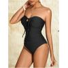 imageMilumia Women Strapless Bathing Suits Ruched Halter Bandeau One Piece SwimsuitBlack