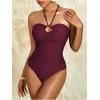 imageMilumia Women Strapless Bathing Suits Ruched Halter Bandeau One Piece SwimsuitBurgundy