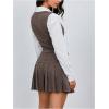 imageMilumia Womens 2 Piece Outfit Plaid Vest Blazer and Pleated Skirt Suit SetsBrown
